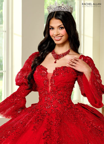 Trägerloses Quinceanera-Kleid mit Puffärmeln von Rachel Allan RQ1135