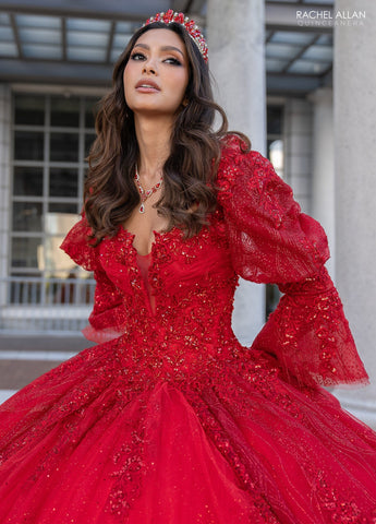 Trägerloses Quinceanera-Kleid mit Puffärmeln von Rachel Allan RQ1135