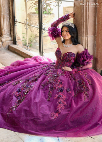 Trägerloses Quinceanera-Kleid mit Puffärmeln von Rachel Allan RQ2184