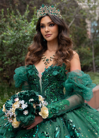 Trägerloses Quinceanera-Kleid mit Puffärmeln von Rachel Allan RQ2184