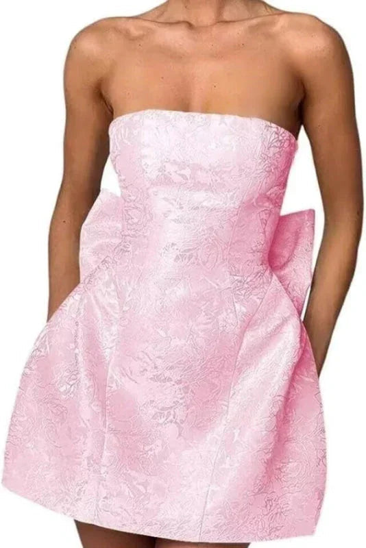 Chic Ärmelloses Rüschen-Satin-Floral-Jacquard-Mini-Homecoming-Kleid mit Schleife