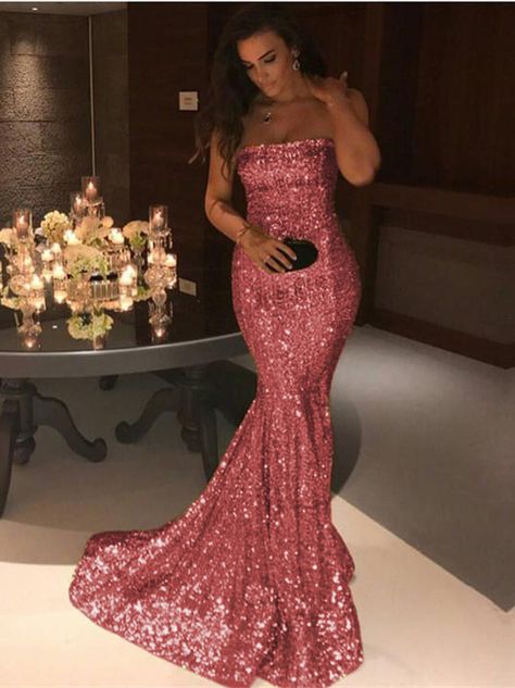 Strapless Sequins Long Gold Mermaid Evening Prom Dress