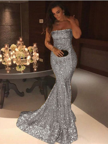 Strapless Sequins Long Gold Mermaid Evening Prom Dress