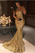 Vestido de Noche Largo de Sirena Dorado con Lentejuelas Sin Tirantes para Baile de Graduación