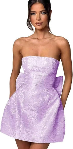 Vestido de baile curto sem alças, vestido de festa de finalistas, sem mangas, com atacadores, jacquard, cetim, com laço