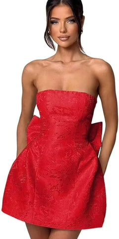 Vestido de baile curto sem alças, vestido de festa de finalistas, sem mangas, com atacadores, jacquard, cetim, com laço