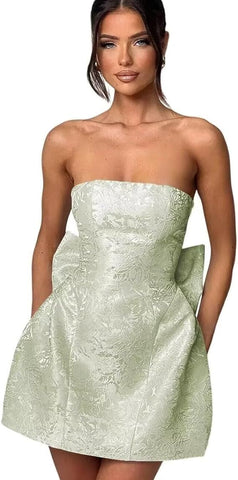 Vestido de baile curto sem alças, vestido de festa de finalistas, sem mangas, com atacadores, jacquard, cetim, com laço