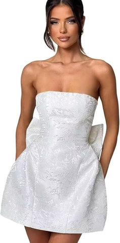 Vestido de baile curto sem alças, vestido de festa de finalistas, sem mangas, com atacadores, jacquard, cetim, com laço