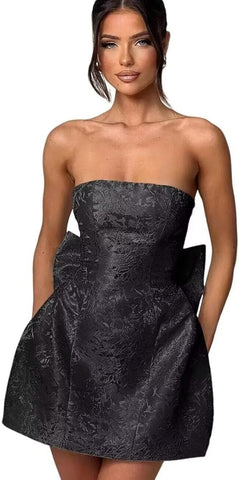 Vestido de baile curto sem alças, vestido de festa de finalistas, sem mangas, com atacadores, jacquard, cetim, com laço