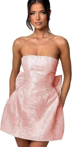 Vestido de baile curto sem alças, vestido de festa de finalistas, sem mangas, com atacadores, jacquard, cetim, com laço