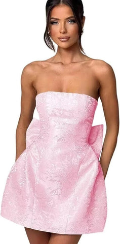 Vestido de baile curto sem alças, vestido de festa de finalistas, sem mangas, com atacadores, jacquard, cetim, com laço