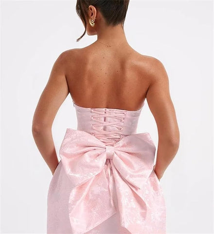 Vestido de baile curto sem alças, vestido de festa de finalistas, sem mangas, com atacadores, jacquard, cetim, com laço