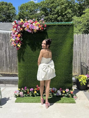 Vestido de baile curto sem alças, vestido de festa de finalistas, sem mangas, com atacadores, jacquard, cetim, com laço