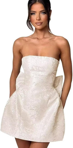 Vestido de baile curto sem alças, vestido de festa de finalistas, sem mangas, com atacadores, jacquard, cetim, com laço