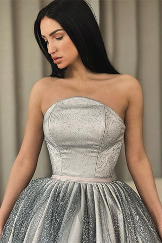 Strapless Silver A-Line Short Prom Dress Ruffle With Sequins