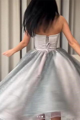 Strapless Silver A-Line Short Prom Dress Ruffle With Sequins