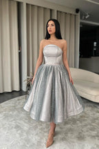 Strapless Silver A-Line Short Prom Dress Ruffle With Sequins