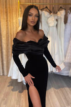 Strapless Sleek Black Mermaid Prom Dress with Long Sleeves and Stylish Slit