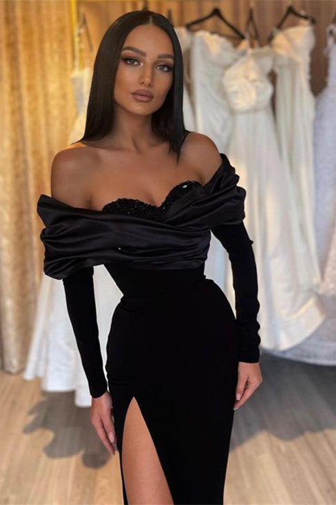 Strapless Sleek Black Mermaid Prom Dress with Long Sleeves and Stylish Slit