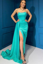 Strapless Sleeveless Mermaid Front Split Prom Dress With Sequins and Ruffle