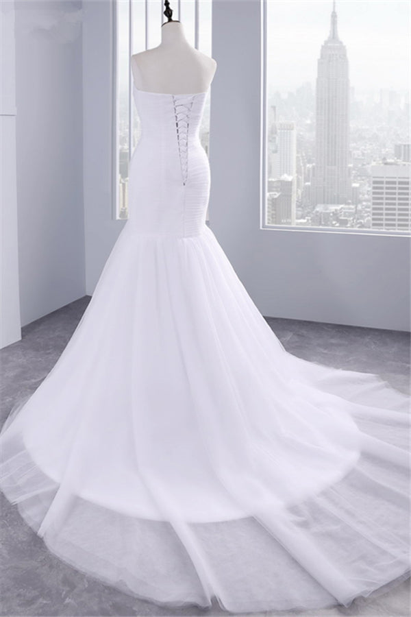 Trägerloses Sweetheart-Mermaid-Hochzeitskleid aus Spitze mit Rüschen aus Tüll