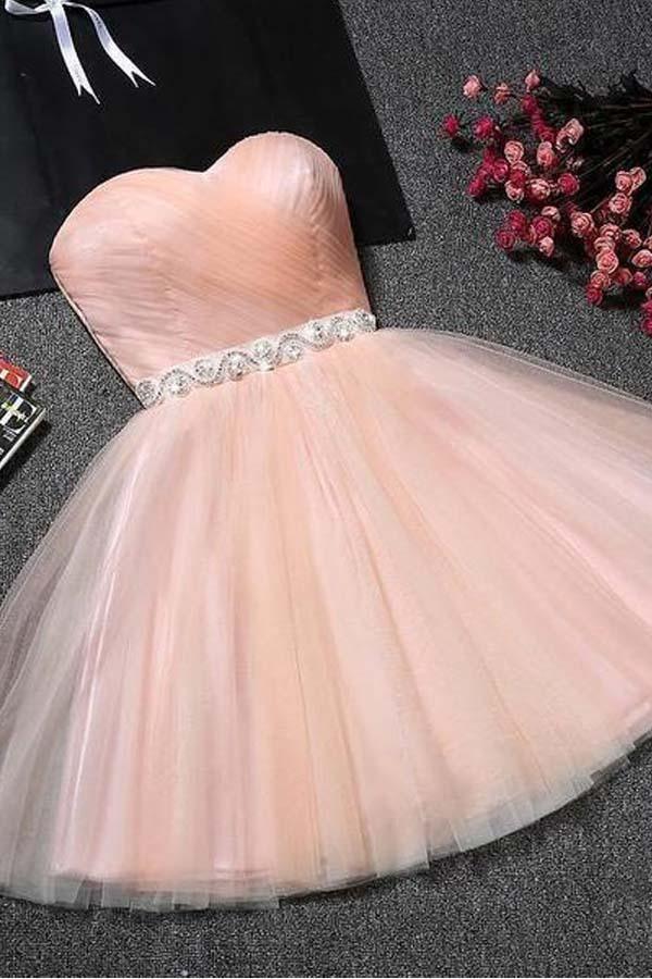 Trägerloses Herzausschnitt-Heimkehrballkleid in Blassrosa  Kurzes Abschlussballkleid PD304