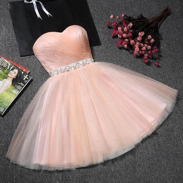 Vestido de Fiesta Corto Sin Tirantes con Escote de Corazón en Rosa Pálido PD304