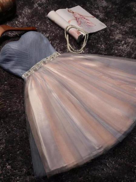 Vestido de Fiesta Corto Sin Tirantes con Escote de Corazón en Rosa Pálido PD304