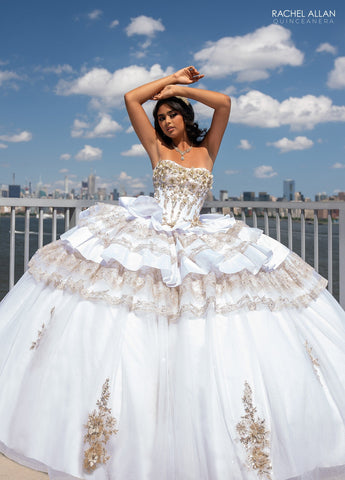 Trägerloses, gestuftes Quinceanera-Kleid von Rachel Allan RQ5003