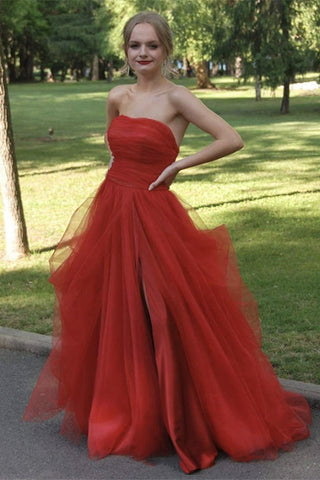 Strapless Tulle Long A-line Prom Dress with Split