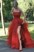 Vestido de noche largo de tul sin tirantes con abertura y corte en A
