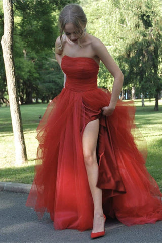 Strapless Tulle Long A-line Prom Dress with Split