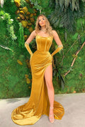 Vestido de Noche Largo de Terciopelo Sin Tirantes Tipo Sirena con Abertura