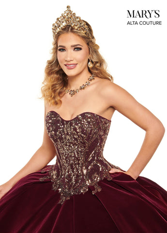 Trägerloses Quinceanera-Kleid aus Samt von Alta Couture MQ3051