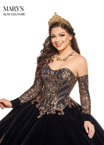 Trägerloses Quinceanera-Kleid aus Samt von Alta Couture MQ3051