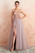 Fascia Abito da Ballo in Tulle A-Line con Perline, Rosellina, Spacco e Cristalli   PSK006