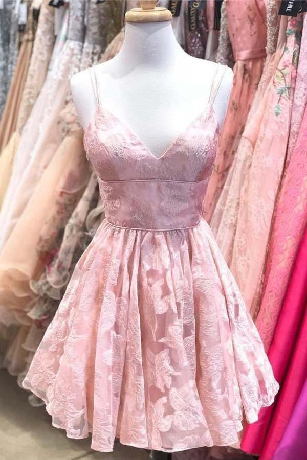 Vestido Corto de Fiesta Tipo A con Encaje y Tirantes Rosa para el Baile de Bienvenida PD317