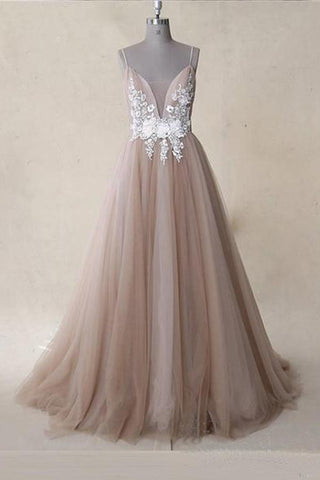 Träger Applikationen Tüll A-Linie V-Ausschnitt Langes Ballkleid Dusty Rose PSK058