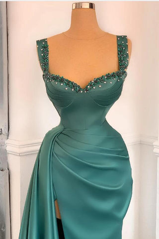 Long Sweetheart Straps Beadings Mermaid Satin Prom Dress with Slit