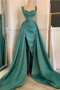Vestido de Sirena de Satén para Baile de Graduación con Abertura y Tiras de Corazón Largas con Abalorios