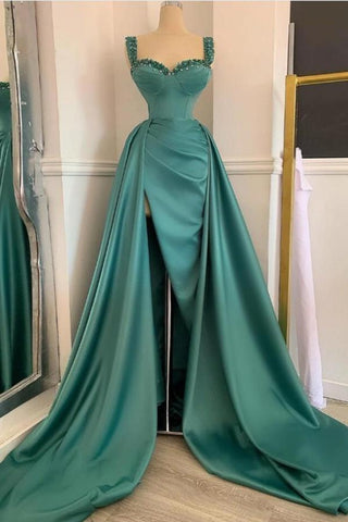 Long Sweetheart Straps Beadings Mermaid Satin Prom Dress with Slit