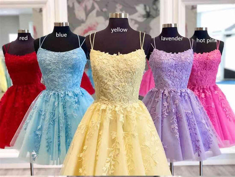 Träger Spitzenapplikation Blaues Homecoming-Kleid Kurzes Ballkleid PD424