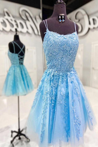 Träger Spitzenapplikation Blaues Homecoming-Kleid Kurzes Ballkleid PD424