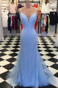 Robes de bal dos nu bleu clair sirène à perles PG695
