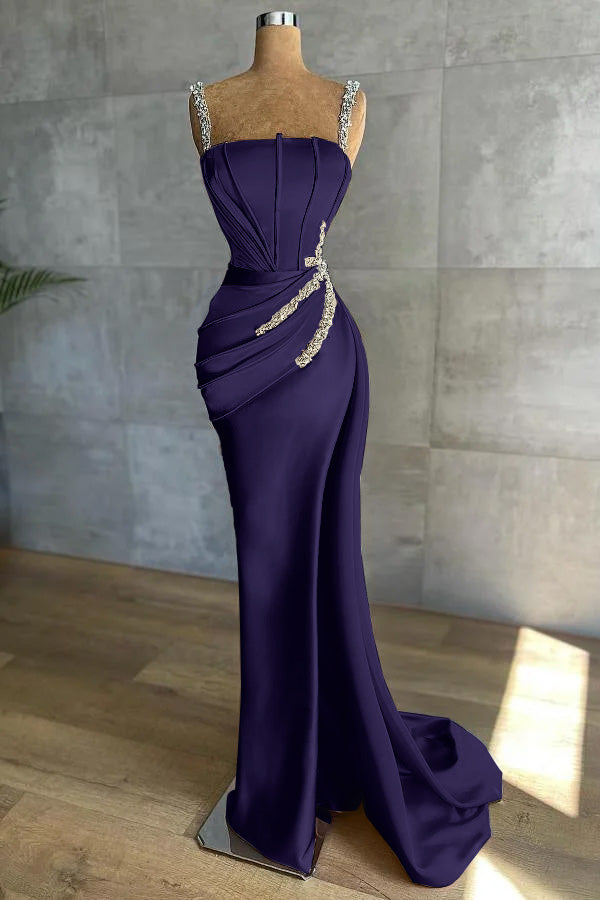 Royal Blue Long Mermaid Straps Satin Appliques Bead Evening Dresses