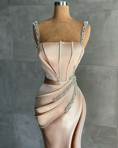Royal Blue Long Mermaid Straps Satin Appliques Bead Evening Dresses