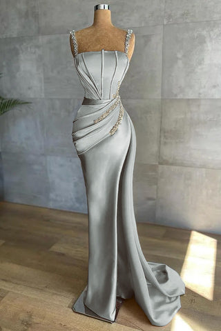 Royal Blue Long Mermaid Straps Satin Appliques Bead Evening Dresses