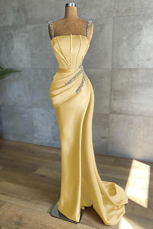 Königsblau Lange Meerjungfrau Träger Satin Applikationen Perlen Abendkleider