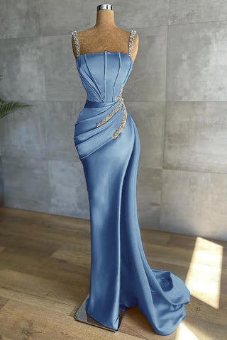 Royal Blue Long Mermaid Straps Satin Appliques Bead Evening Dresses