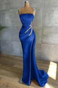 Vestidos de noche largos sirena de satén azul real con tirantes, aplicaciones y abalorios